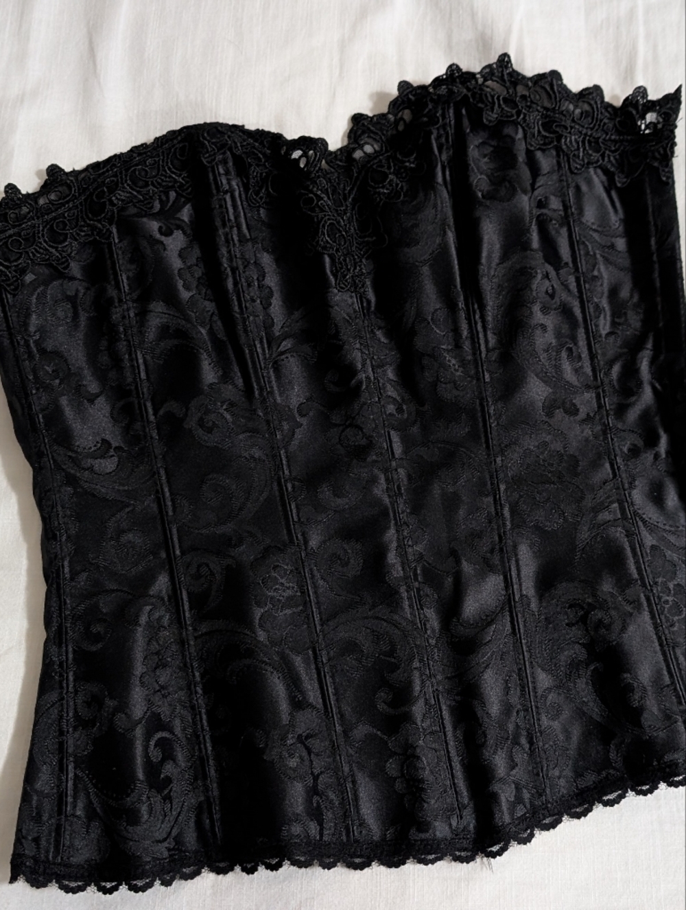 Frederick's of Hollywood Black Jacquard Satin Lace-Trim Corset Size 32